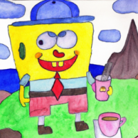 SpongeBob SquarePants dressed as a mailman drinking a cup of coffee in a mountainside scene, watercolors by 5 year old