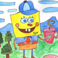 SpongeBob SquarePants dressed as a mailman drinking a cup of coffee in a mountainside scene, watercolors by 5 year old