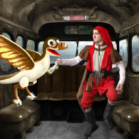 Super Mario dressed as a medieval knight riding a pterodactyl in the back of a bus, Baroque painting