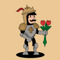 super mario dressed as a knight holding roses for a queen